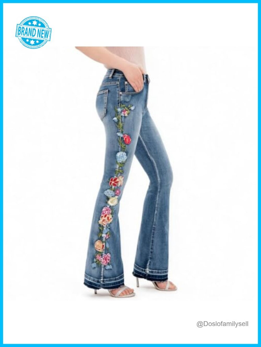 High Waisted Floral Embroidery Flare Jeans Frayed Raw Hem Five Pocket